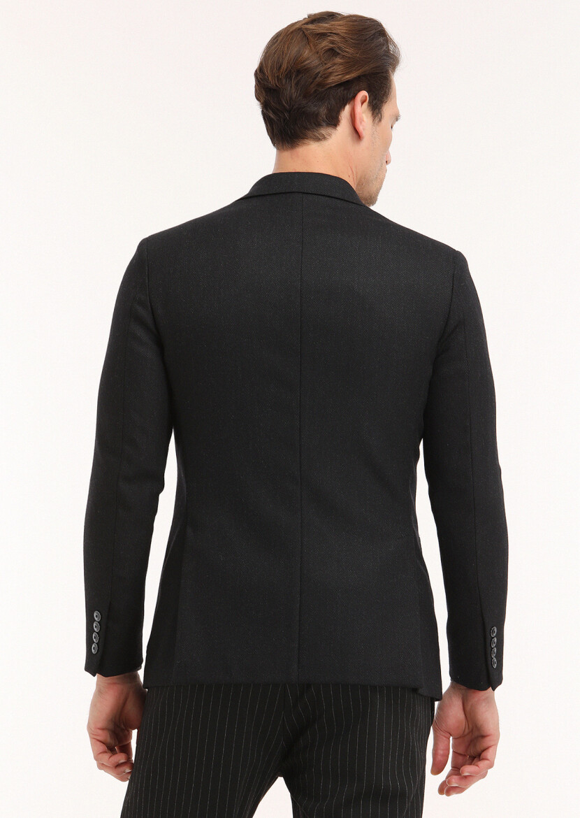 Siyah Mikro Comfort Fit %100 Yün Ceket - 4