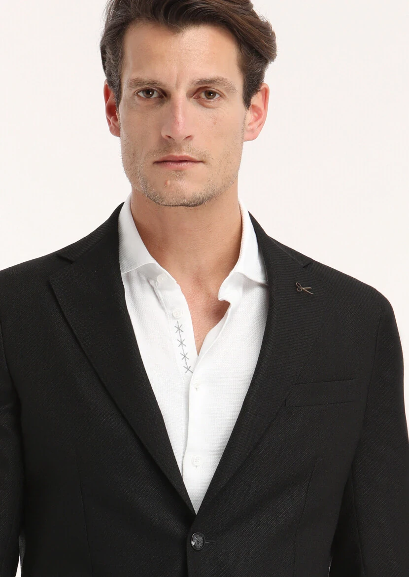 Siyah Mikro Comfort Fit %100 Yün Ceket - 2