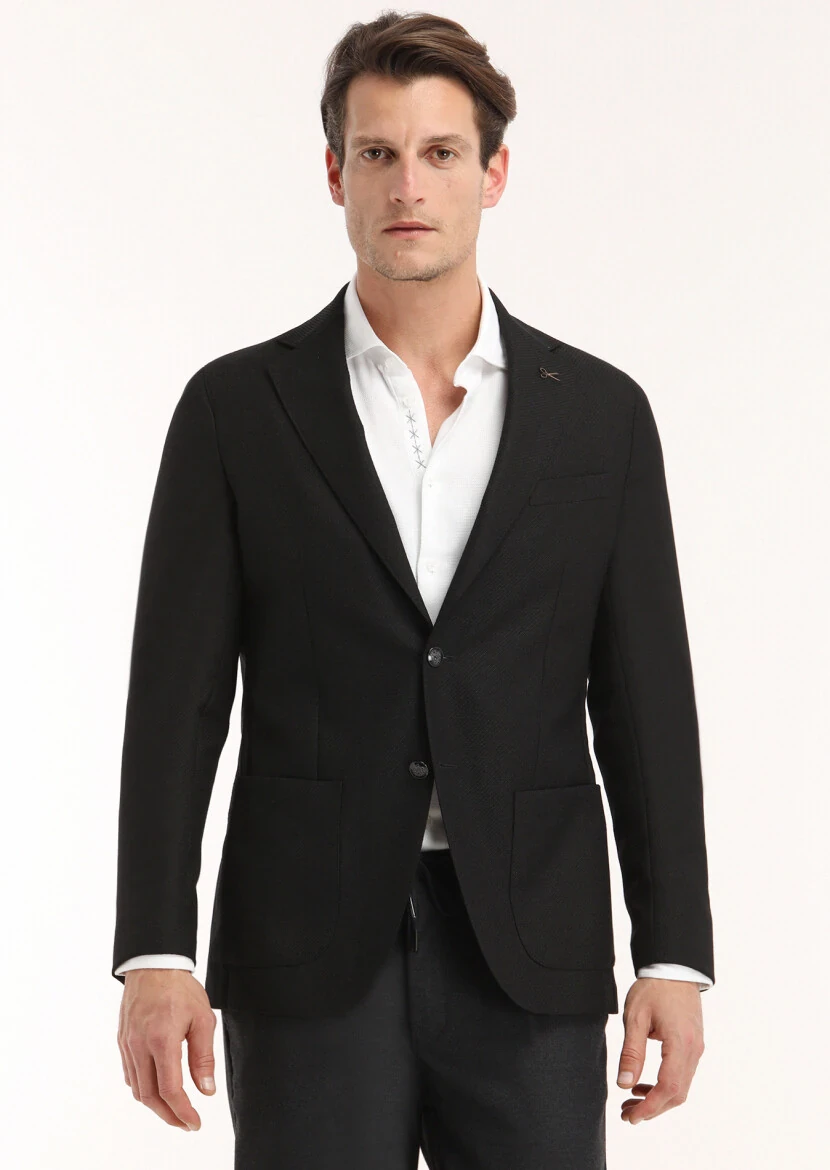 Siyah Mikro Comfort Fit %100 Yün Ceket - 3