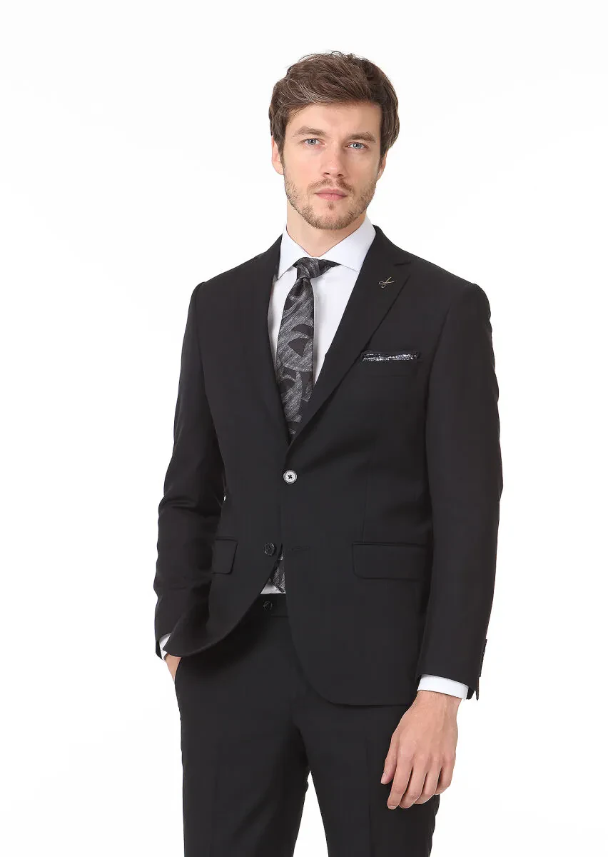 Siyah Mikro Modern Fit %100 Yün Takım Elbise - 1