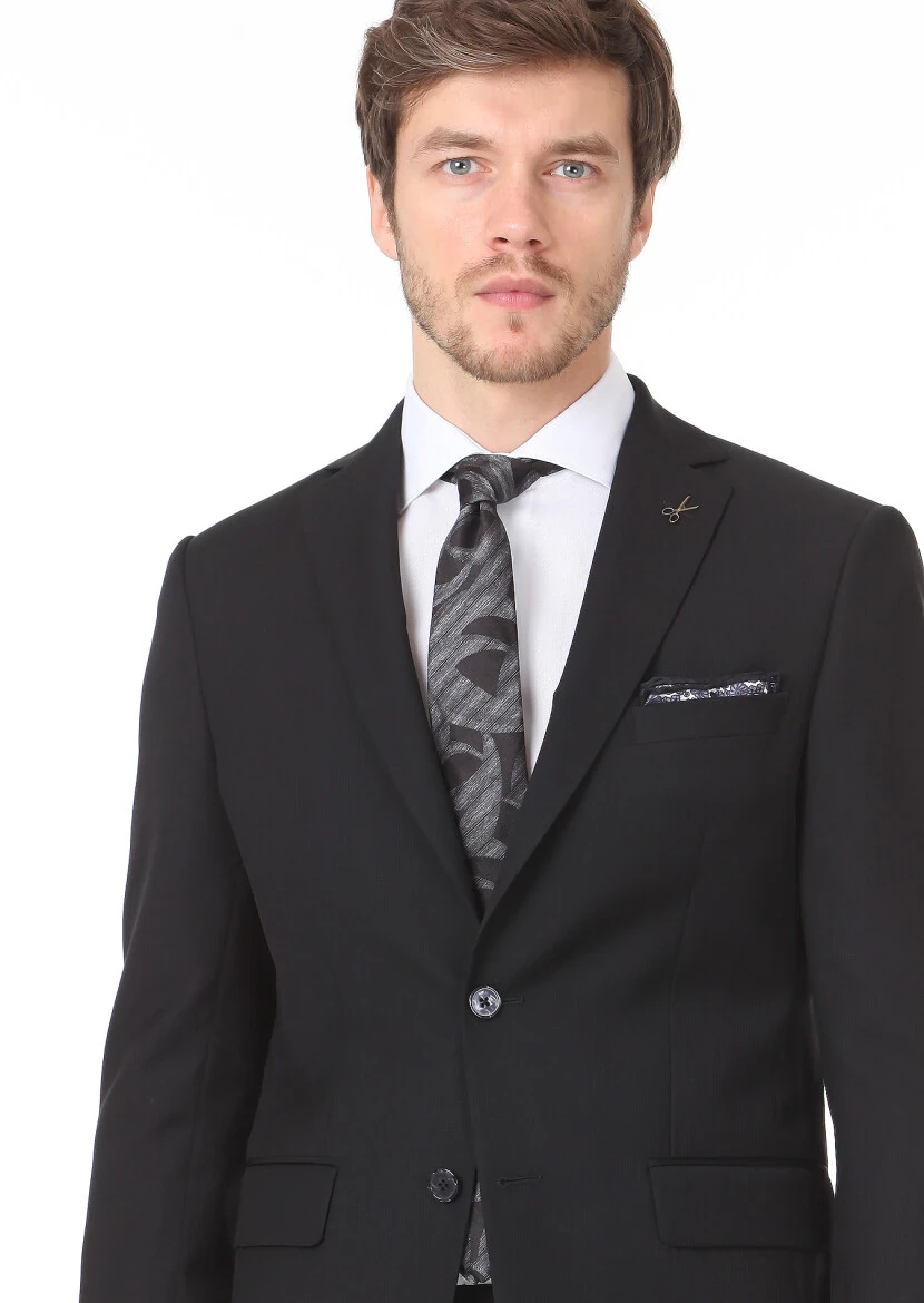 Siyah Mikro Modern Fit %100 Yün Takım Elbise - 2