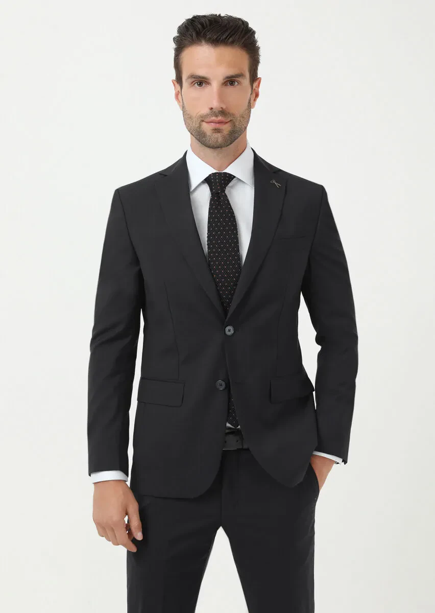 Siyah Mikro Modern Fit %100 Yün Takım Elbise - 1