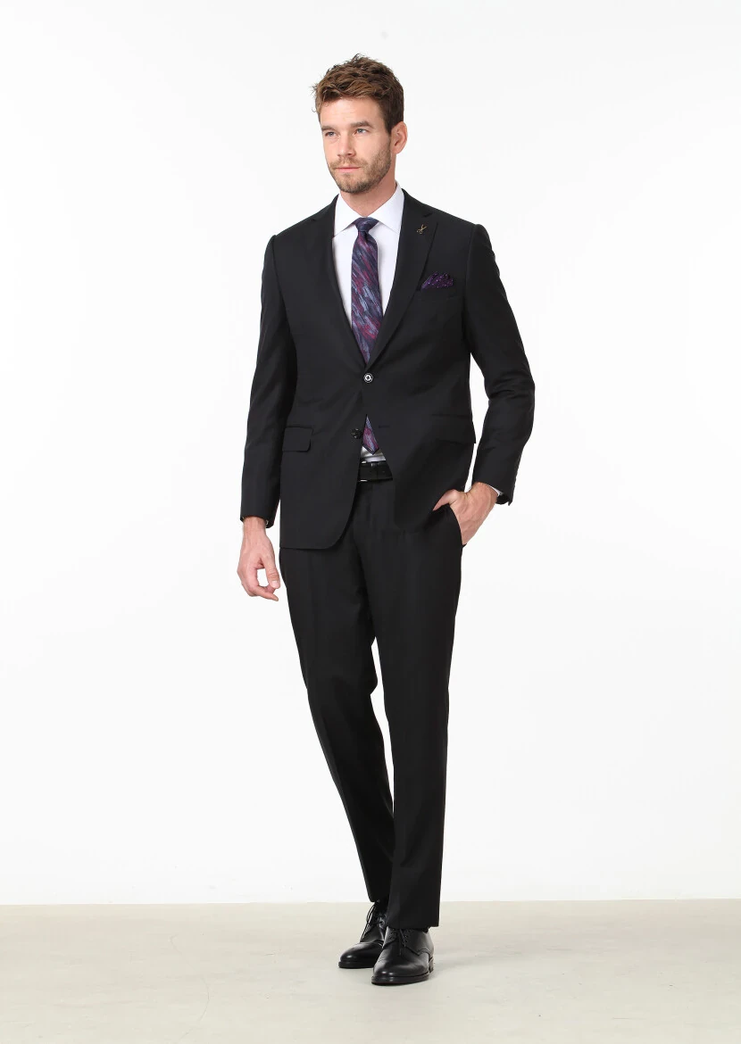 Siyah Mikro Regular Fit %100 Yün Takım Elbise - 1