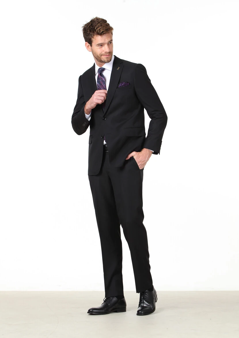 Siyah Mikro Regular Fit %100 Yün Takım Elbise - 2