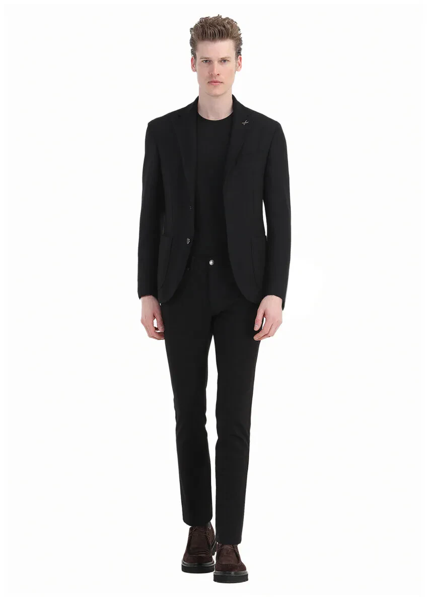 Siyah Mikro Shirt Shoulder Slim Fit İpek Karışımlı Ceket - 2