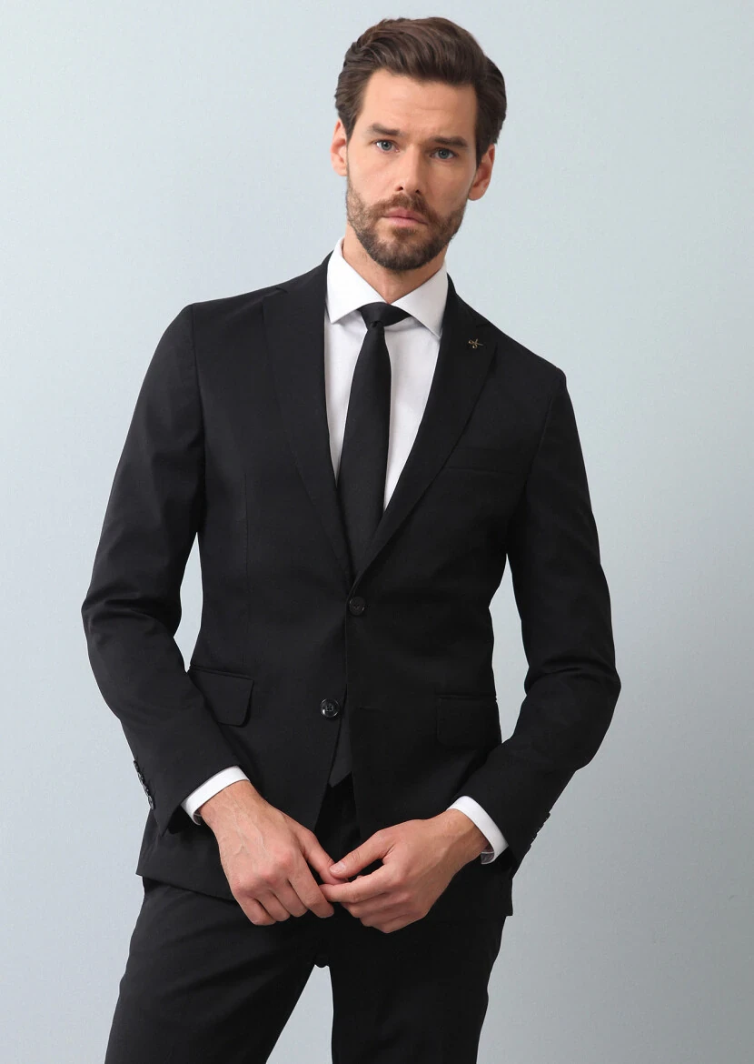 Siyah Mikro Shirt Shoulder-slim Fit Yün Karışımlı Takım Elbise - 2