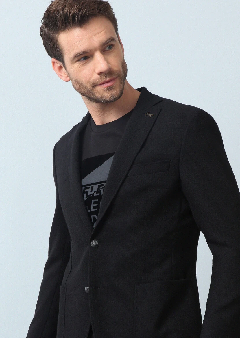 Siyah Mikro Zeroweight Slim Fit Yün Karışımlı Ceket - 3