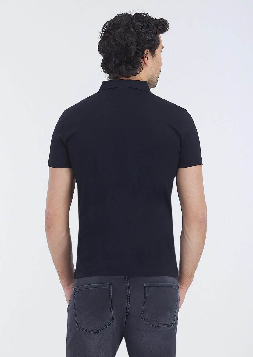 Siyah Polo Yaka %100 Pamuk T-Shirt - 4