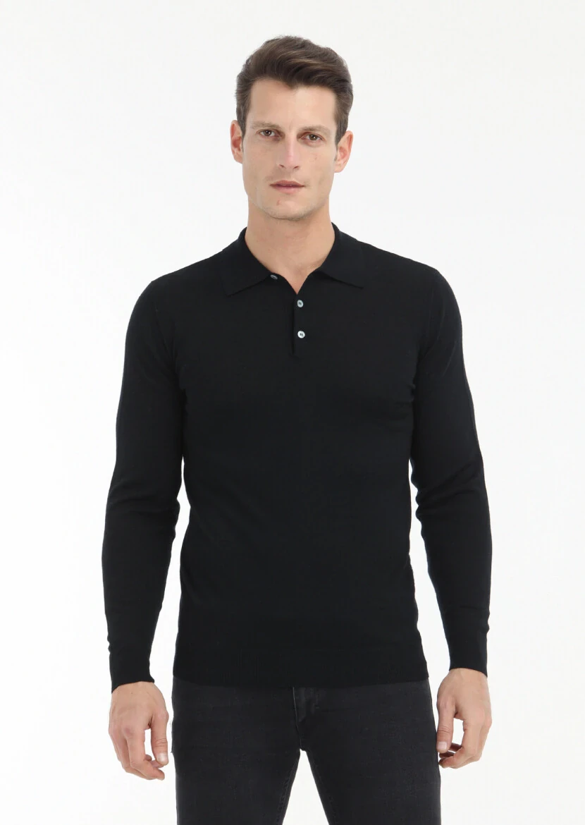 Siyah Polo Yaka Düz Örgü %100 Yün Triko Kazak - 2