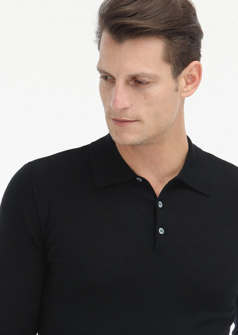 Siyah Polo Yaka Düz Örgü %100 Yün Triko Kazak - 3