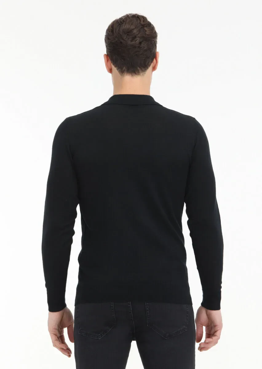 Siyah Polo Yaka Düz Örgü %100 Yün Triko Kazak - 4