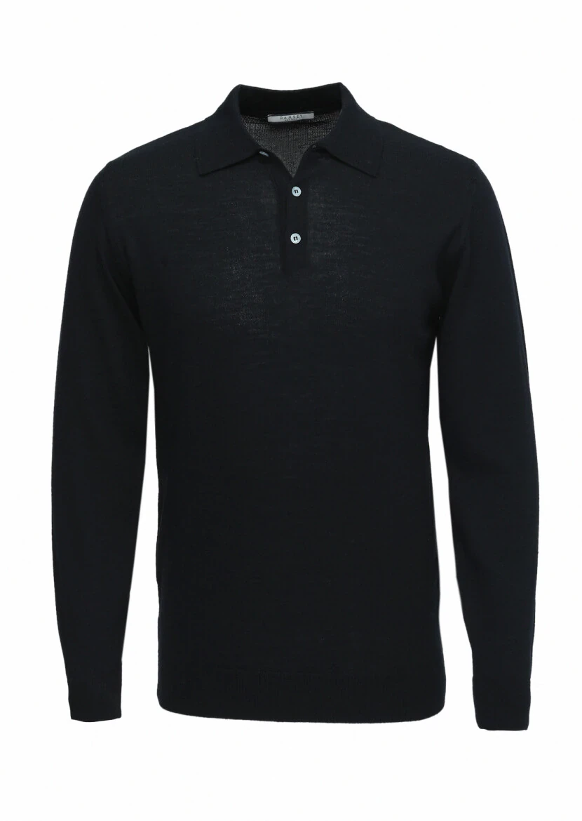 Siyah Polo Yaka Düz Örgü %100 Yün Triko Kazak - 5