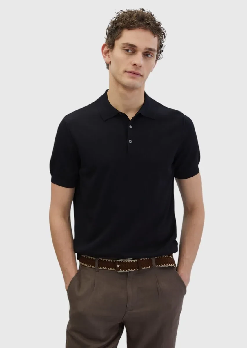 Siyah Polo Yaka Düz Örgü Triko - 1
