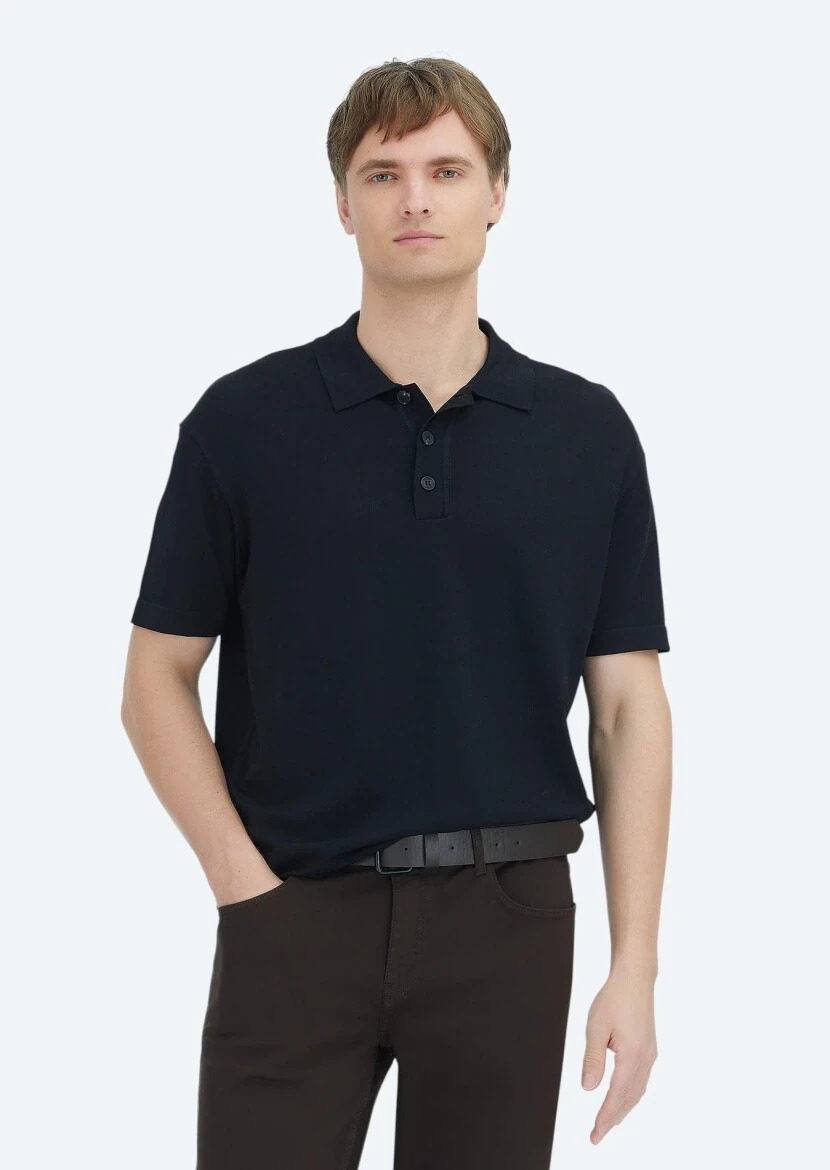 Siyah Polo Yaka Düz Örgü Triko - RAMSEY