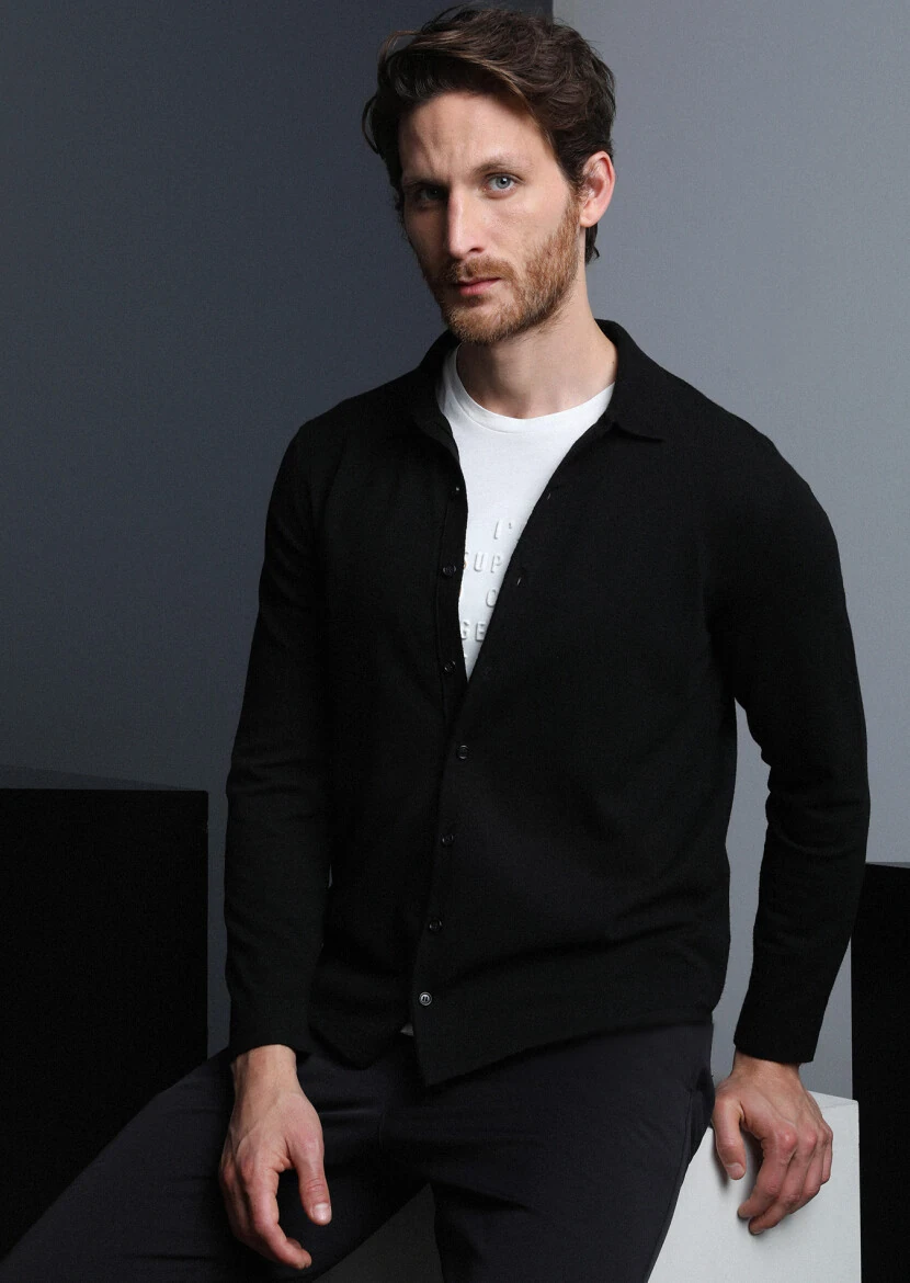 Siyah Polo Yaka Düz Örgü Triko Kazak - 1