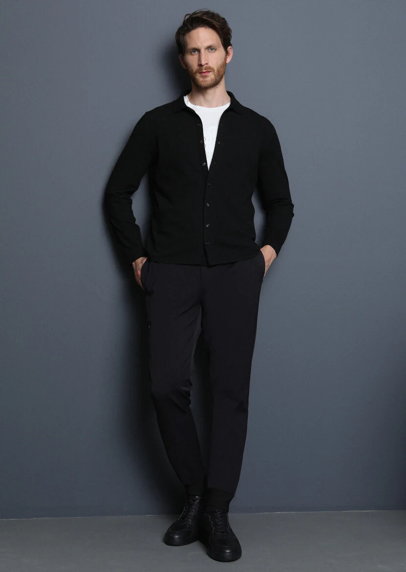 Siyah Polo Yaka Düz Örgü Triko Kazak - 3