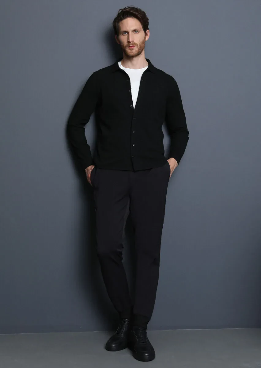 Siyah Polo Yaka Düz Örgü Triko Kazak - 3