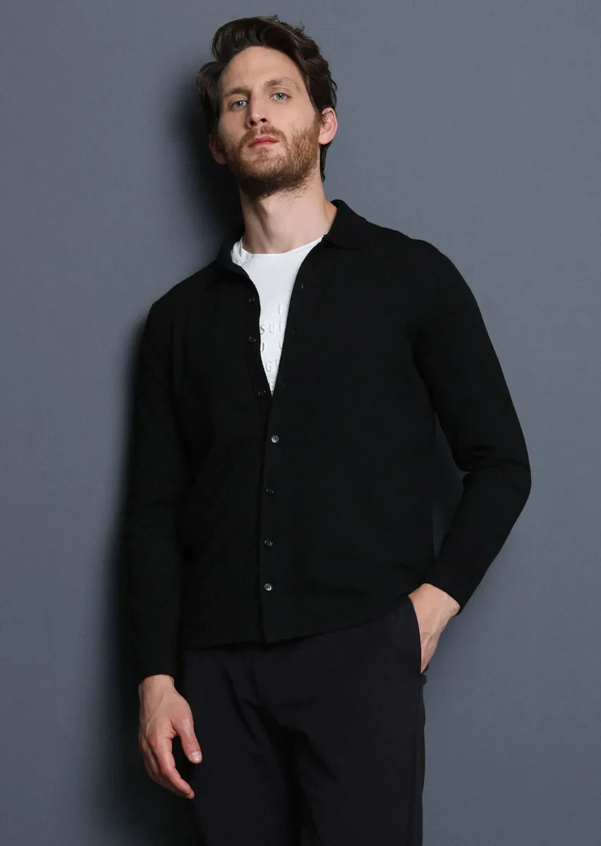 Siyah Polo Yaka Düz Örgü Triko Kazak - 4