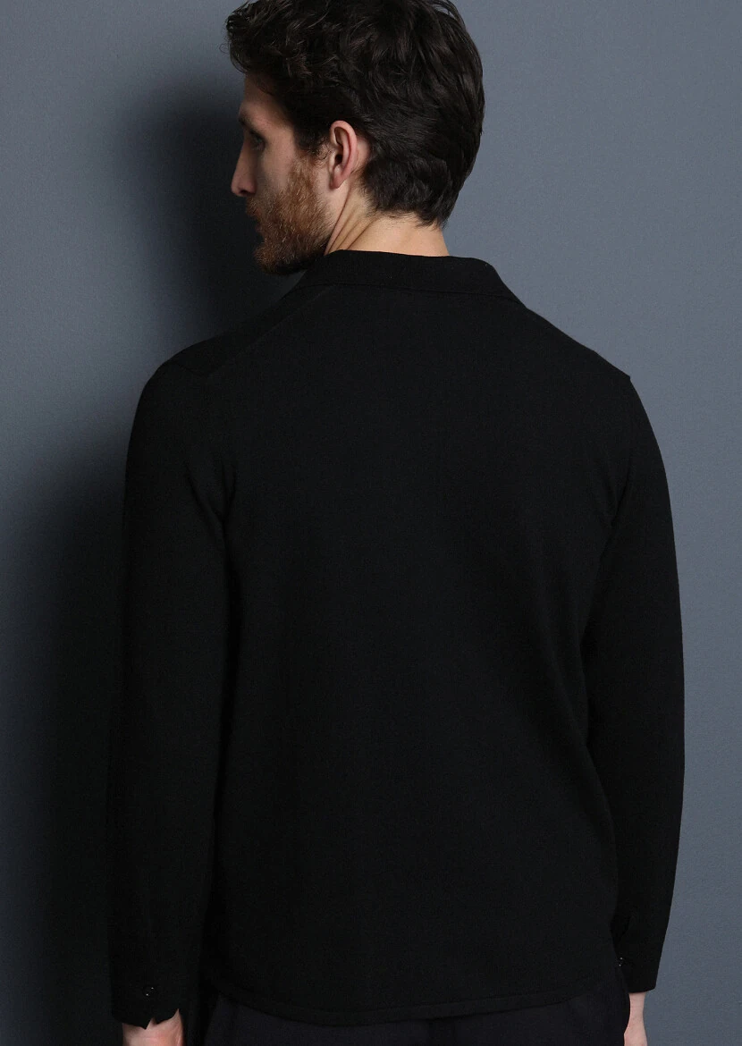 Siyah Polo Yaka Düz Örgü Triko Kazak - 5