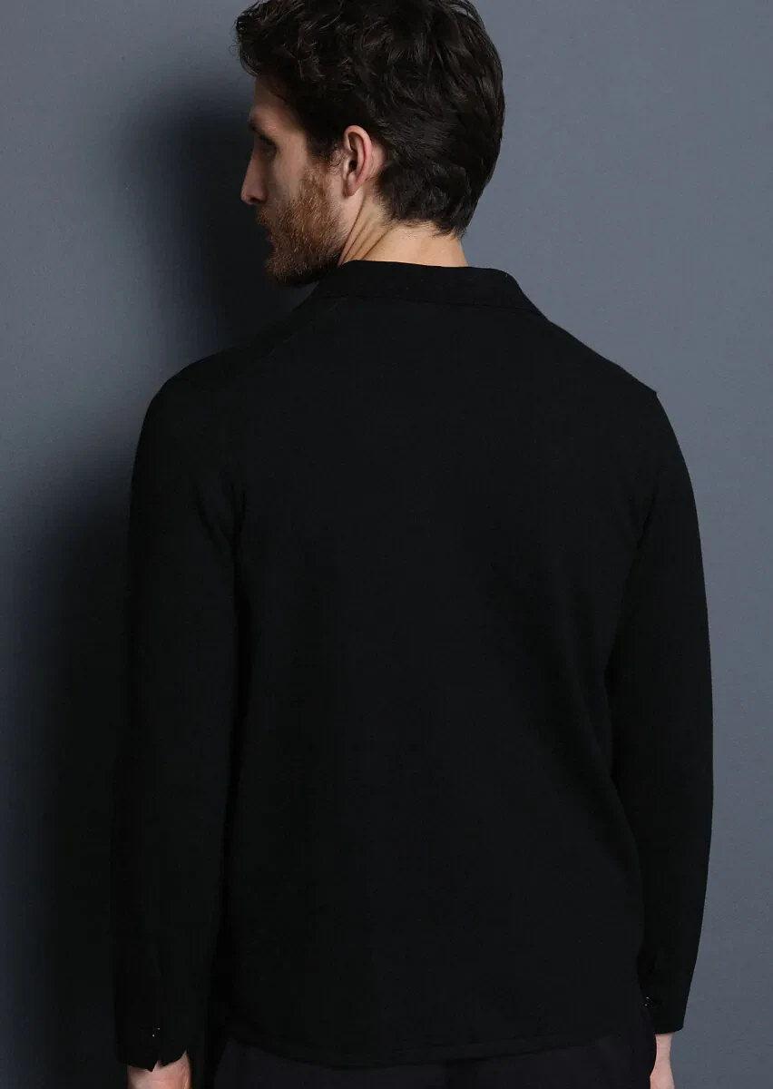 Siyah Polo Yaka Düz Örgü Triko Kazak - 5