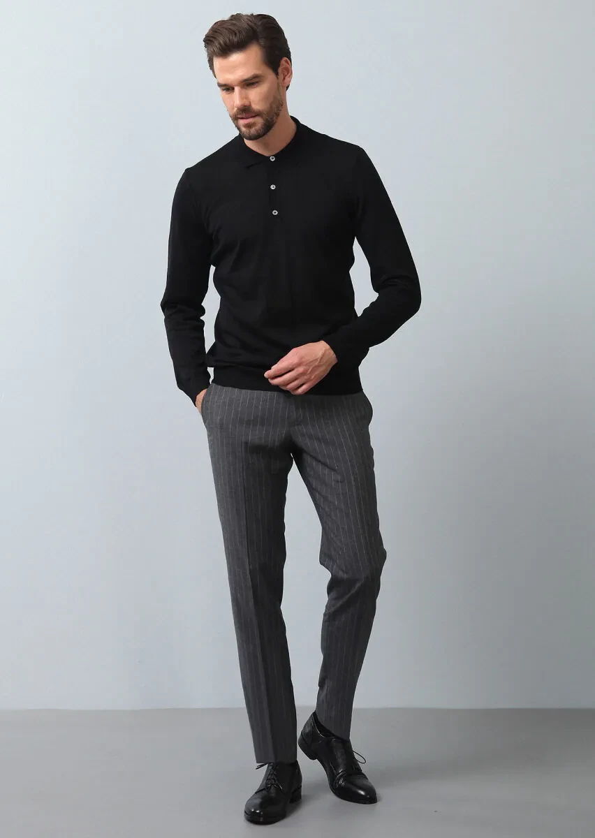 Siyah Polo Yaka Düz Örgü Yün Karışımlı Triko Kazak - 2