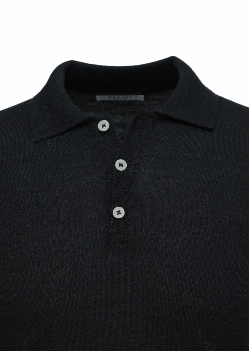 Siyah Polo Yaka Düz Örgü Yün Karışımlı Triko Kazak 