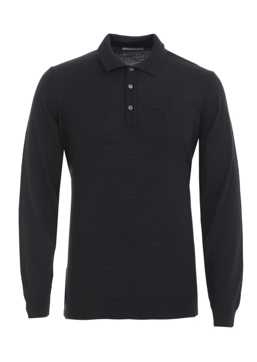 Siyah Polo Yaka Düz Örgü Yün Karışımlı Triko Kazak - 5