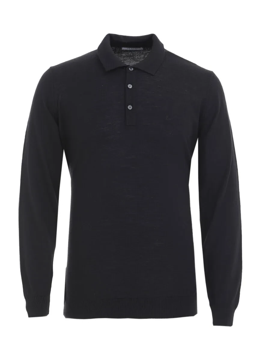 Siyah Polo Yaka Düz Örgü Yün Karışımlı Triko Kazak - 5