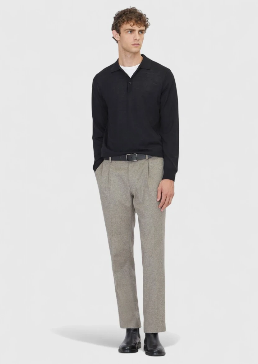 Siyah Polo Yaka Düz Örgü Yün Karışımlı Triko Kazak - 2