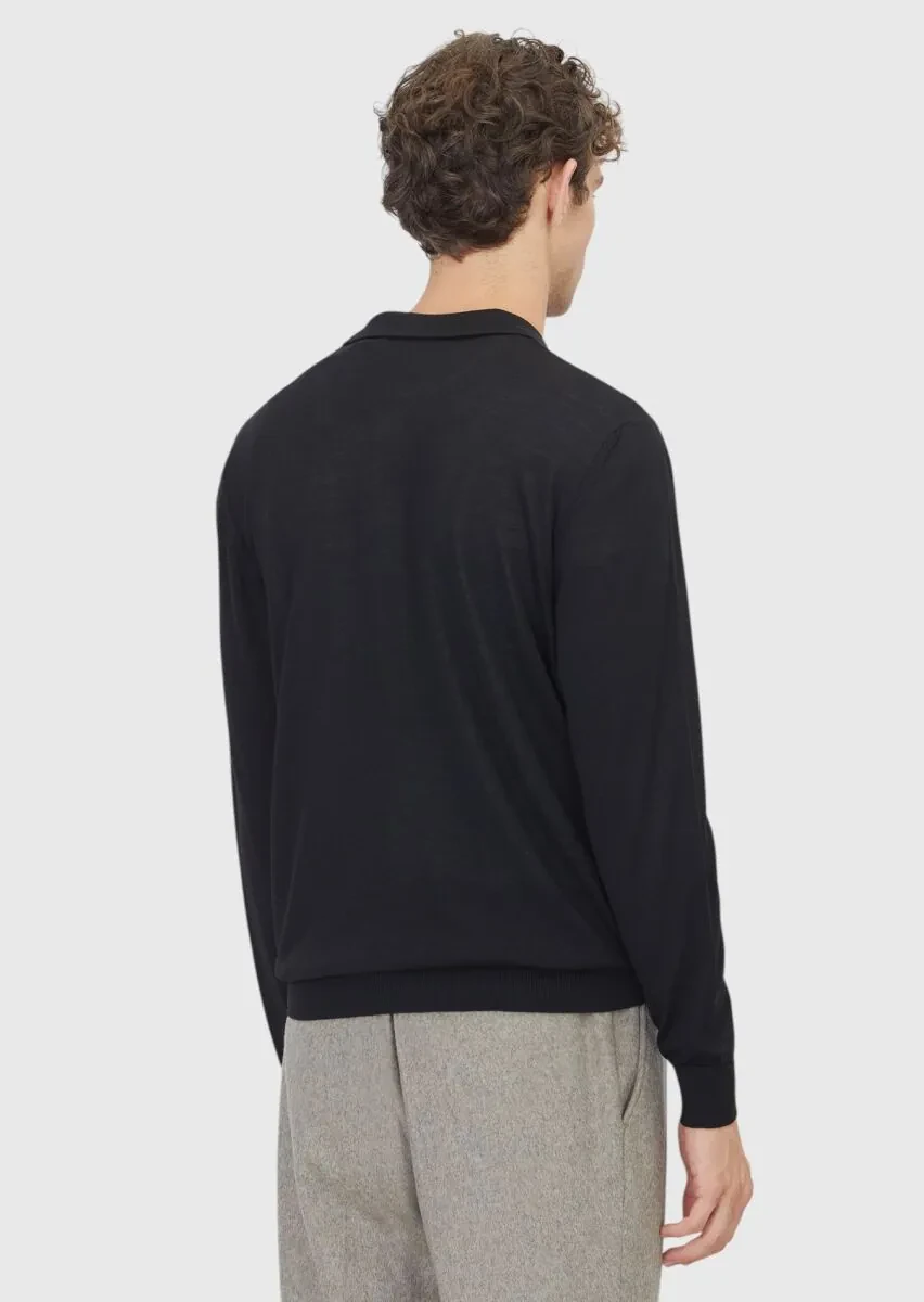 Siyah Polo Yaka Düz Örgü Yün Karışımlı Triko Kazak - 7
