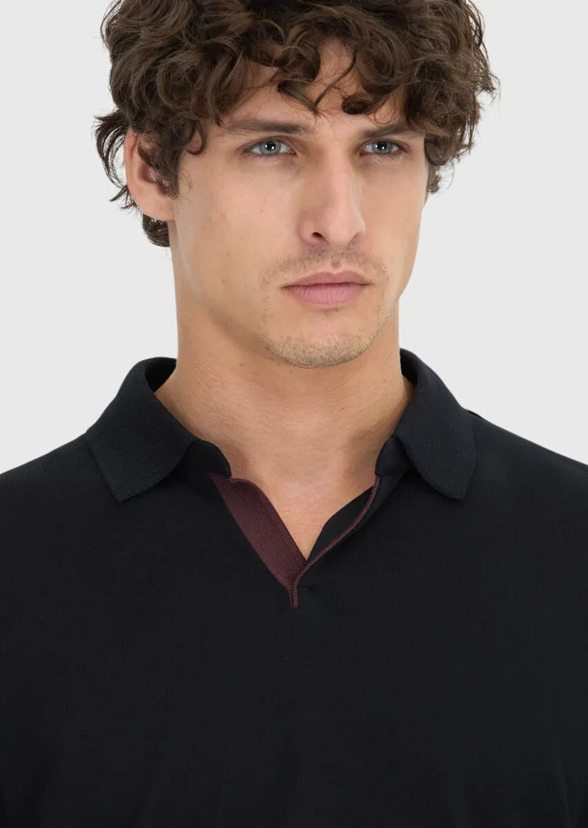 Siyah Polo Yaka Düz Sweatshırt - 4