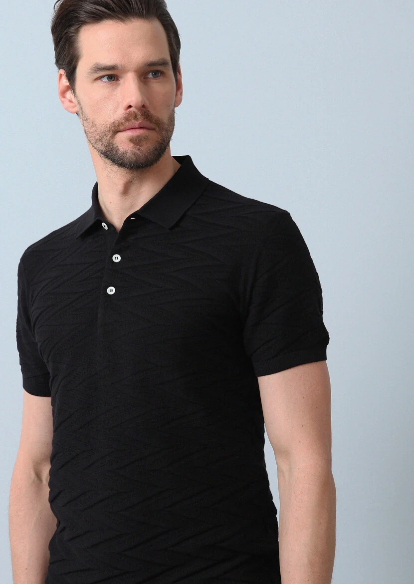 Siyah Polo Yaka Jakarlı %100 Pamuk Triko - 1