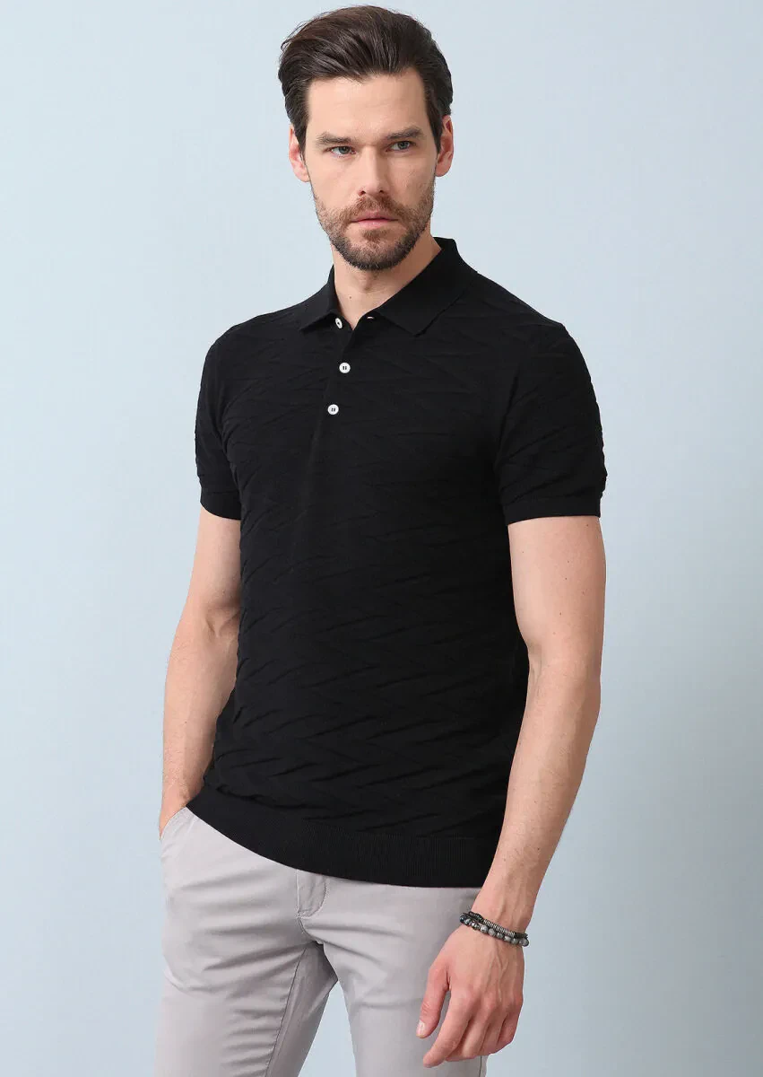 Siyah Polo Yaka Jakarlı %100 Pamuk Triko - 2