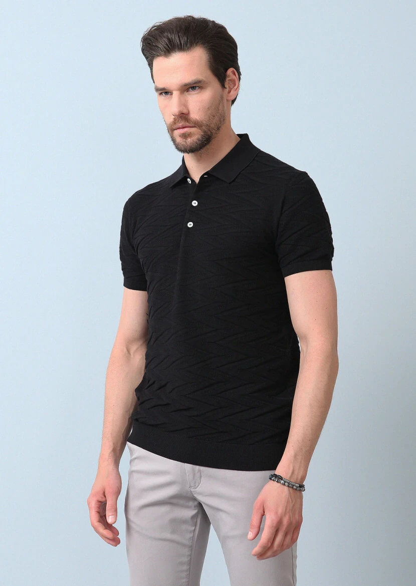 Siyah Polo Yaka Jakarlı %100 Pamuk Triko - 3