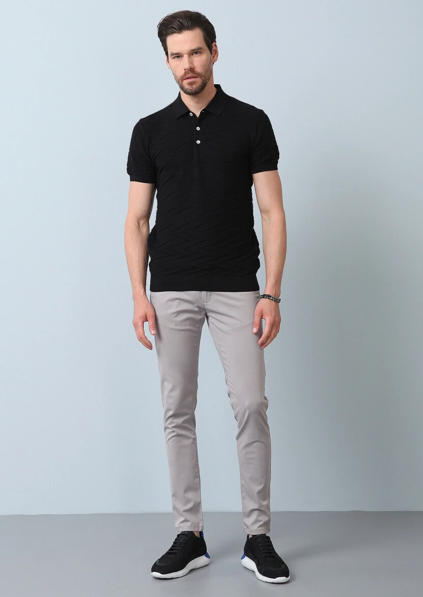 Siyah Polo Yaka Jakarlı %100 Pamuk Triko - 4