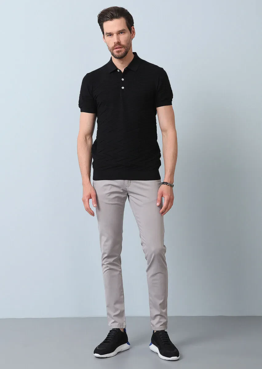 Siyah Polo Yaka Jakarlı %100 Pamuk Triko - 4