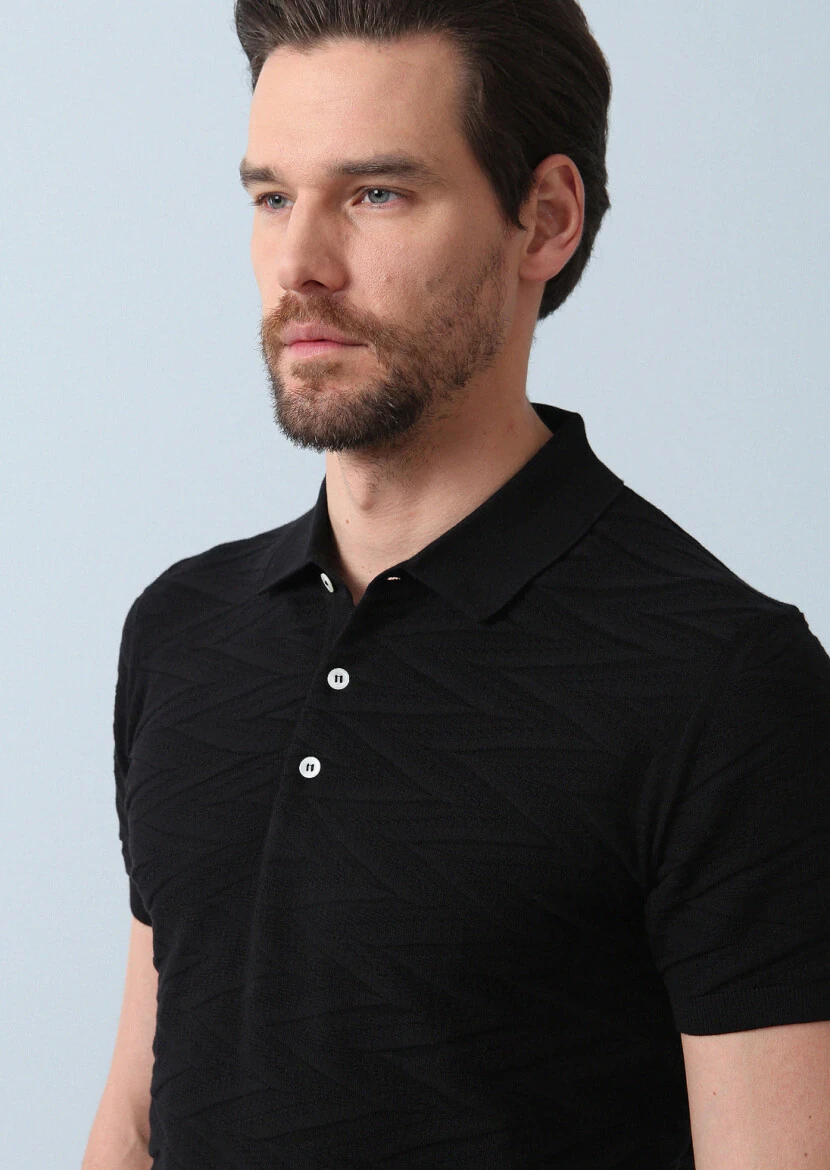 Siyah Polo Yaka Jakarlı %100 Pamuk Triko - 5