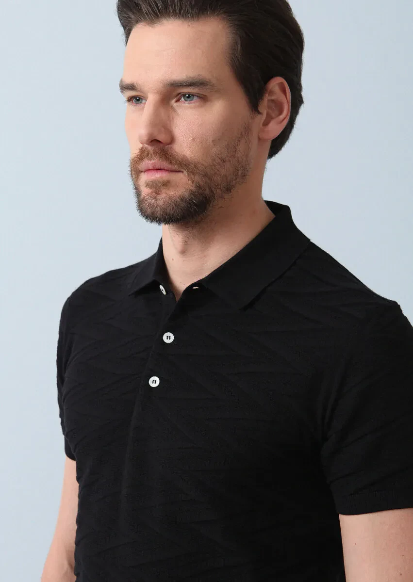 Siyah Polo Yaka Jakarlı %100 Pamuk Triko - 5