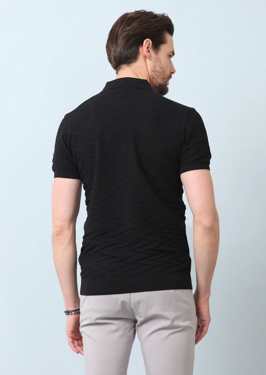 Siyah Polo Yaka Jakarlı %100 Pamuk Triko - 6