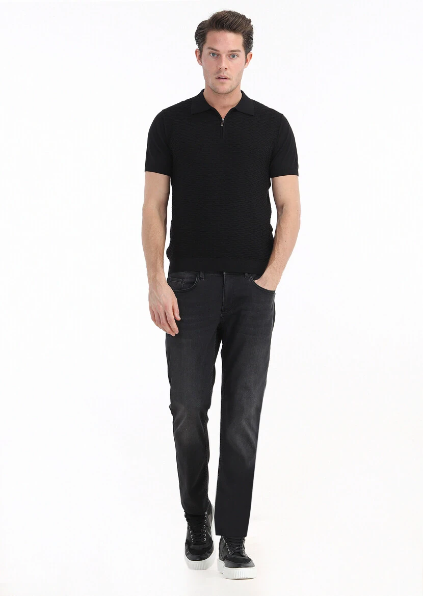 Siyah Polo Yaka Jakarlı %100 Pamuk Triko - 1