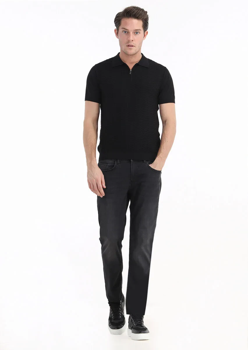 Siyah Polo Yaka Jakarlı %100 Pamuk Triko - 1