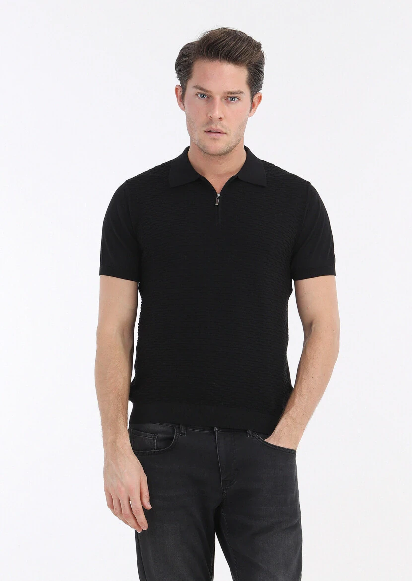 Siyah Polo Yaka Jakarlı %100 Pamuk Triko 