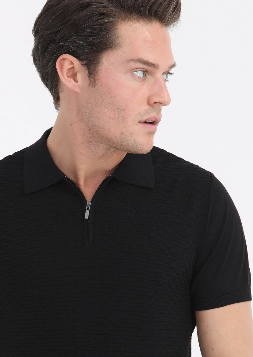 Siyah Polo Yaka Jakarlı %100 Pamuk Triko - 3