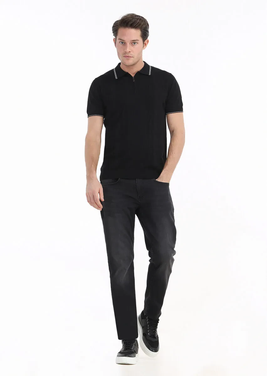 Siyah Polo Yaka Jakarlı %100 Pamuk Triko - 1
