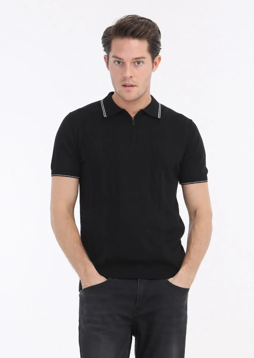 Siyah Polo Yaka Jakarlı %100 Pamuk Triko - 2