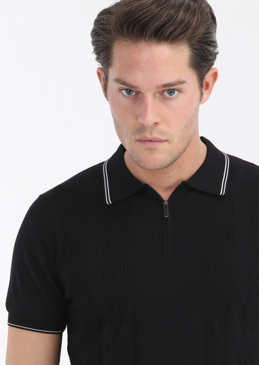 Siyah Polo Yaka Jakarlı %100 Pamuk Triko - 3