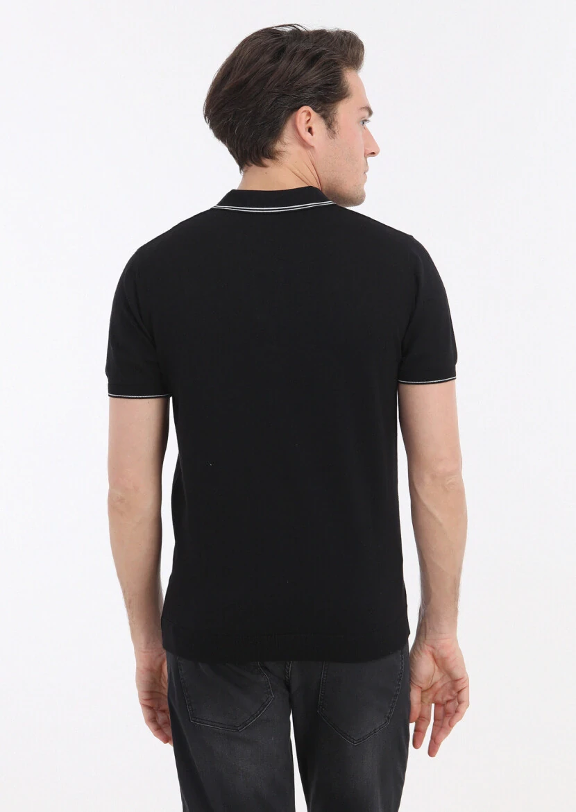 Siyah Polo Yaka Jakarlı %100 Pamuk Triko - 4