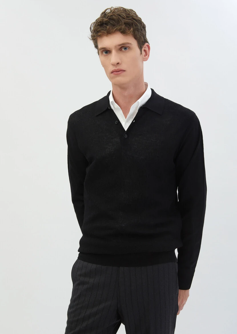 Siyah Polo Yaka Jakarlı %100 Yün Triko Kazak - RAMSEY