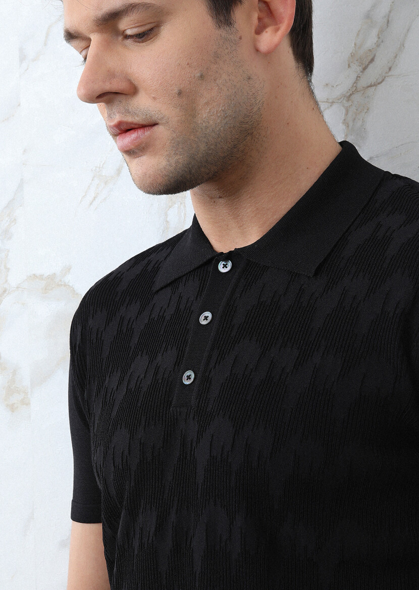 Siyah Polo Yaka Jakarlı Triko - 1