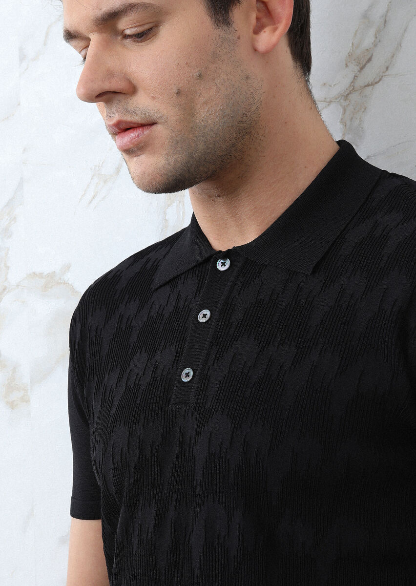 Siyah Polo Yaka Jakarlı Triko - 1